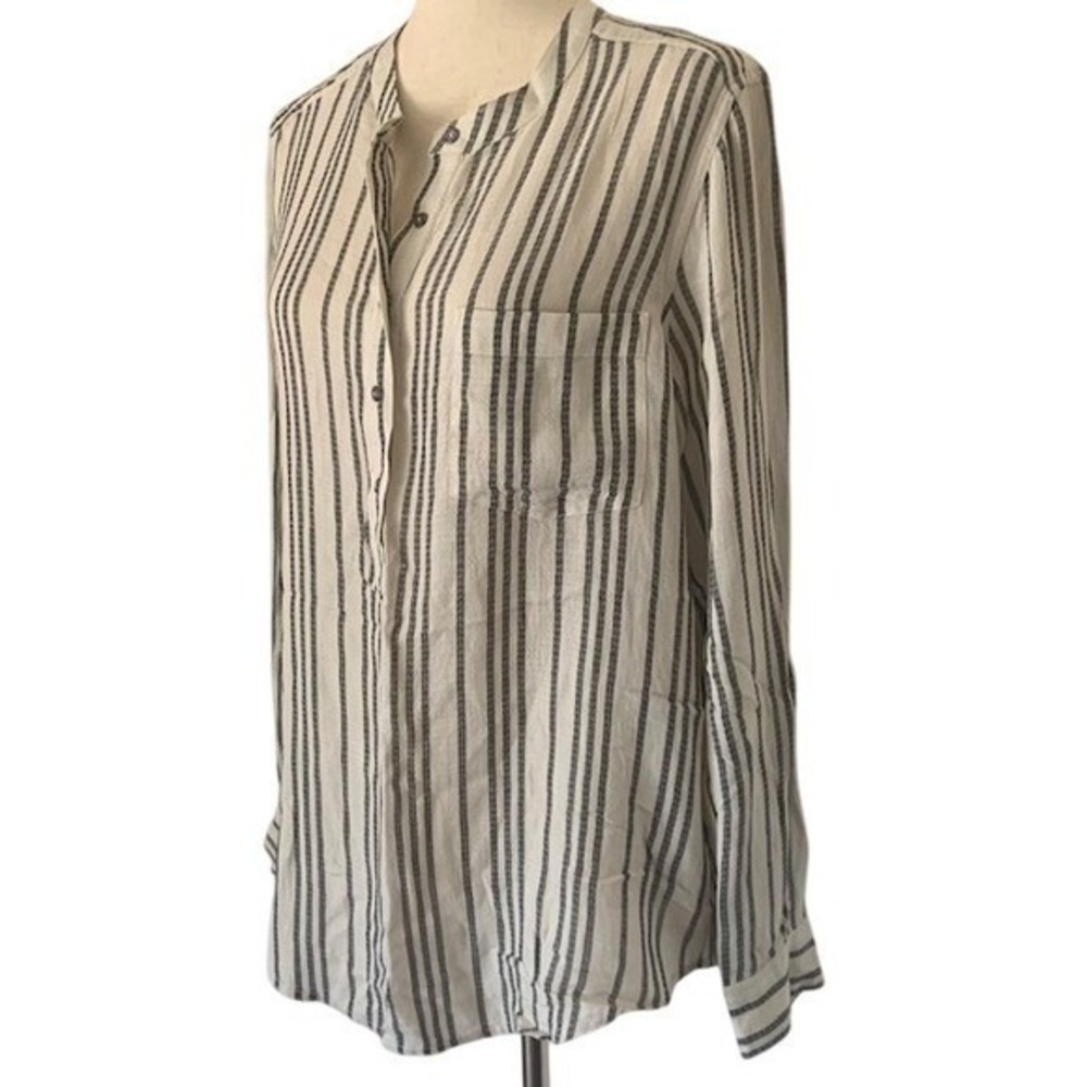 Lucky Brand Striped Viscose Blouse L Coastal Minimalist Relaxed Shirt Collarless